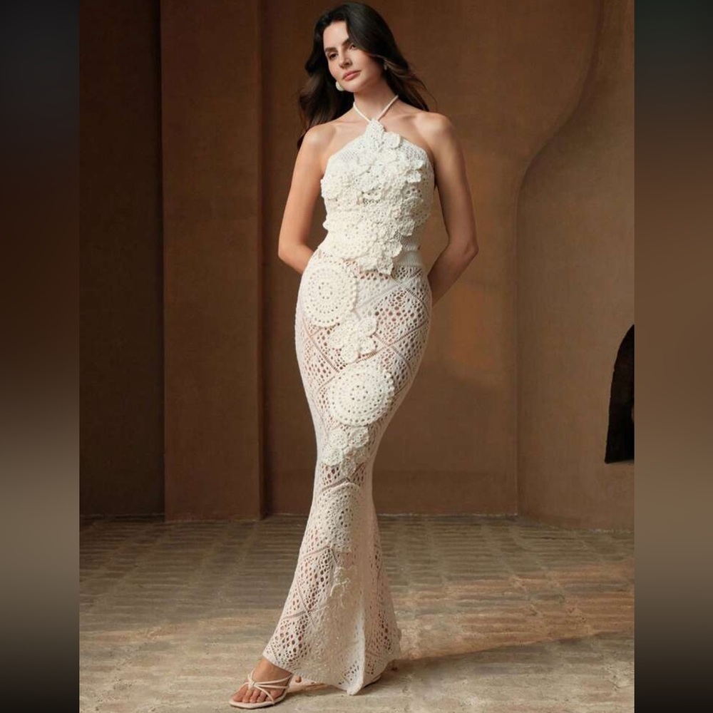 Lace floral crochet patchwork swimsuit cover up dress Elegant White Lace Halter - Picture 7 of 7